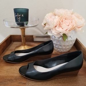 Cole Haan Peep Toe Black Leather Wedges Size 7.5